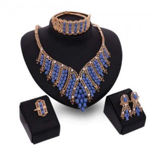 Blue Gem Beads Embellished U.S. Fashion 4pcs Women Wholesale Jewelry Set