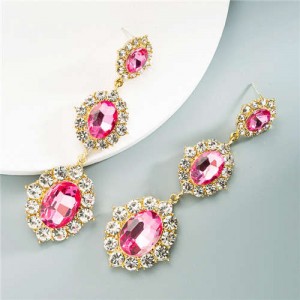 Glass Gems Embellished Vintage Fashion Women Dangle Earrings - Pink