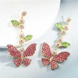 Baroque Fashion Shining Butterfly Luxurious Women Dangle Earrings - Pink