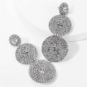 Rhinestone Rounds Cluster Design High Fashion Women Wholesale Dangle Earrings - Silver