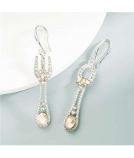 Fork and Spoon Asymetrical Rhinestone Women Wholesale Earrings - Champagne