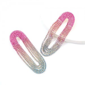 Rhinestone Embellished Pinky Gradient Color Oval Shape Women Tassel Earrings