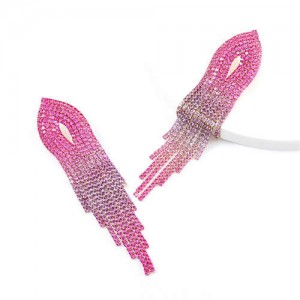 Rhinestone Embellished Pinky Gradient Color Willow Leaf Shape Women Alloy Tassel Earrings