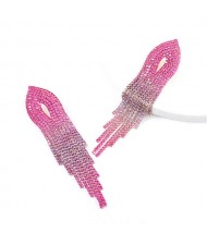 Rhinestone Embellished Pinky Gradient Color Willow Leaf Shape Women Alloy Tassel Earrings