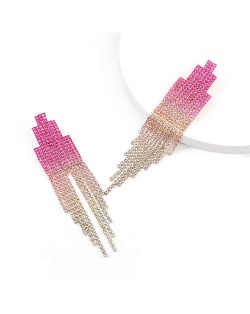 Rhinestone Embellished Pinky Gradient Color Square Tower Shape Women Wholesale Tassel Earrings