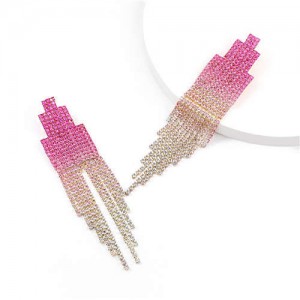 Rhinestone Embellished Pinky Gradient Color Square Tower Shape Women Wholesale Tassel Earrings