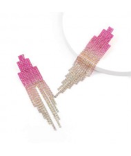 Rhinestone Embellished Pinky Gradient Color Square Tower Shape Women Wholesale Tassel Earrings