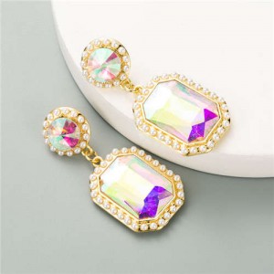 Creative Square Gem Luxurious Fashion Vintage Style Women Costume Dangle Earrings - Luminous White