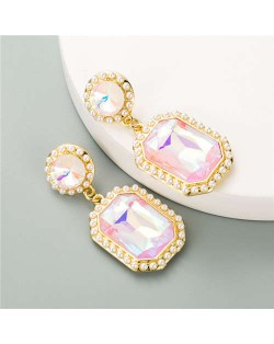 Creative Square Gem Luxurious Fashion Vintage Style Women Costume Dangle Earrings - Pink