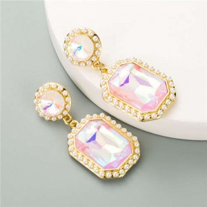 Creative Square Gem Luxurious Fashion Vintage Style Women Costume Dangle Earrings - Pink