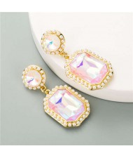 Creative Square Gem Luxurious Fashion Vintage Style Women Costume Dangle Earrings - Pink
