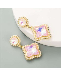 Pearls Rimmed Shining Floral Design European Fashion Women Wholesale Stud Earrings - Pink