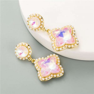 Pearls Rimmed Shining Floral Design European Fashion Women Wholesale Stud Earrings - Pink