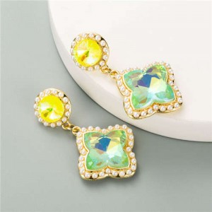 Pearls Rimmed Shining Floral Design European Fashion Women Wholesale Stud Earrings - Light Green