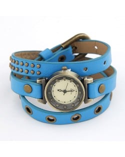 Vintage Rivets Studs Inlaid Blue Leather Bracelet Watch