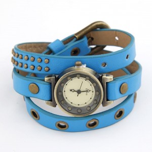 Vintage Rivets Studs Inlaid Blue Leather Bracelet Watch