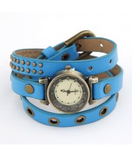 Vintage Rivets Studs Inlaid Blue Leather Bracelet Watch