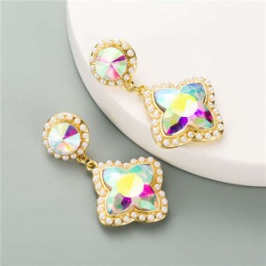 Pearls Rimmed Shining Floral Design European Fashion Women Wholesale Stud Earrings - Luminous White