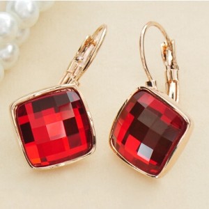 Red Square Austrian Crystal Rose Gold Rimmed Stud Earrings