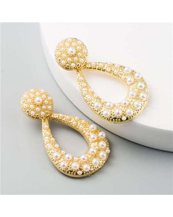 Rhinestone Embellished Hollow Waterdrop Design U.S. High Fashion Women Earrings - Pearl