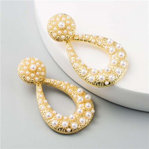 Rhinestone Embellished Hollow Waterdrop Design U.S. High Fashion Women Earrings - Pearl