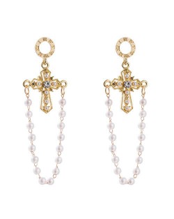 Golden Cross with Pearl Tassel U.S. Fashion Women Wholesale Earrings