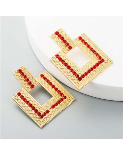 Rhinestone Embellished Hollow Square Design Women Wholesale Stud Earrings - Red