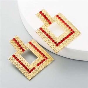 Rhinestone Embellished Hollow Square Design Women Wholesale Stud Earrings - Red