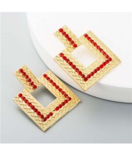 Rhinestone Embellished Hollow Square Design Women Wholesale Stud Earrings - Red