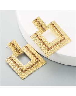 Rhinestone Embellished Hollow Square Design Women Wholesale Stud Earrings - Coffee