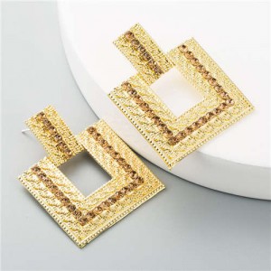 Rhinestone Embellished Hollow Square Design Women Wholesale Stud Earrings - Coffee