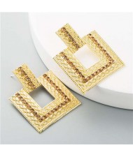 Rhinestone Embellished Hollow Square Design Women Wholesale Stud Earrings - Coffee