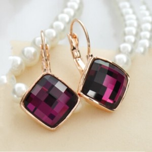 Purple Square Austrian Crystal Rose Gold Rimmed Stud Earrings