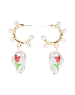 Rose Printed Pearl Dangle Semi-hoop U.S. Fashion Women Wholesale Earrings