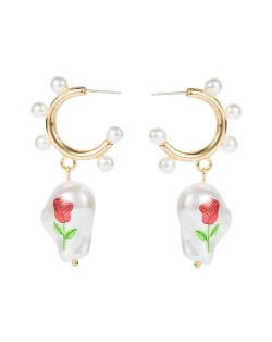 Rose Printed Pearl Dangle Semi-hoop U.S. Fashion Women Wholesale Earrings