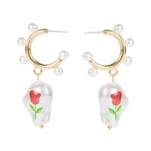 Rose Printed Pearl Dangle Semi-hoop U.S. Fashion Women Wholesale Earrings