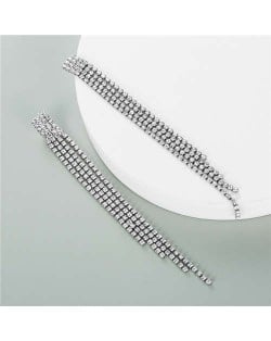 Shining Rhinestone Embellished Long Tassel European Fashion Wholesale Women Earrings - Silver