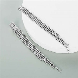 Shining Rhinestone Embellished Long Tassel European Fashion Wholesale Women Earrings - Silver