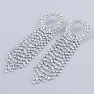 Rhinestone Tassel Small Hoop Design U.S. High Fashion Wholesale Women Earrings - Silver