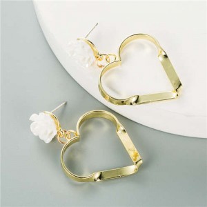 Flower Decorated Big Golden Hollow Heart Korean Fashion Wholesale Earrings - White