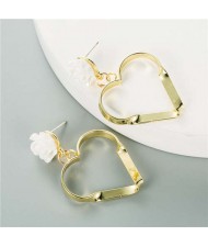 Flower Decorated Big Golden Hollow Heart Korean Fashion Wholesale Earrings - White