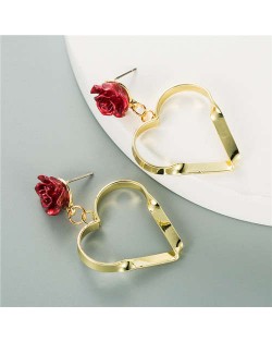 Flower Decorated Big Golden Hollow Heart Korean Fashion Wholesale Earrings - Red