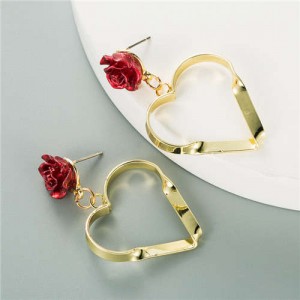 Flower Decorated Big Golden Hollow Heart Korean Fashion Wholesale Earrings - Red