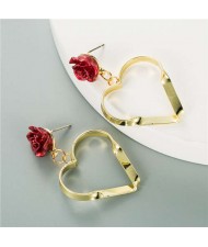 Flower Decorated Big Golden Hollow Heart Korean Fashion Wholesale Earrings - Red