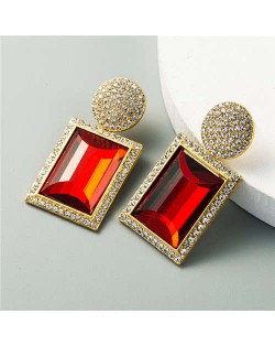 Rhinestone and Glass Gem Inlaid Rectangular Shape U.S. Party Fashion Wholesale Women Earrings - Red