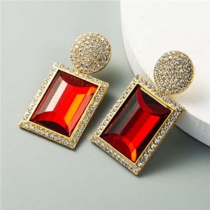 Rhinestone and Glass Gem Inlaid Rectangular Shape U.S. Party Fashion Wholesale Women Earrings - Red