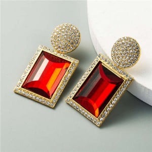 Rhinestone and Glass Gem Inlaid Rectangular Shape U.S. Party Fashion Wholesale Women Earrings - Red