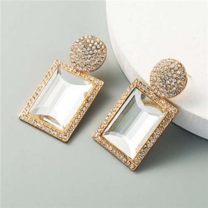 Rhinestone and Glass Gem Inlaid Rectangular Shape U.S. Party Fashion Wholesale Women Earrings - White