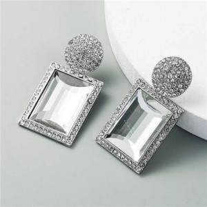 Rhinestone and Glass Gem Inlaid Rectangular Shape U.S. Party Fashion Wholesale Women Earrings - Silver