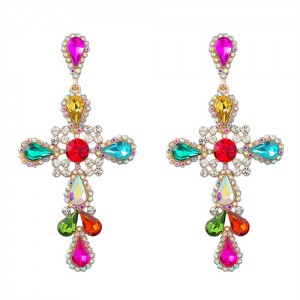 Colorful Rhinestone Embellished U.S. Vintage Cross Women Wholesale Dangle Earrings